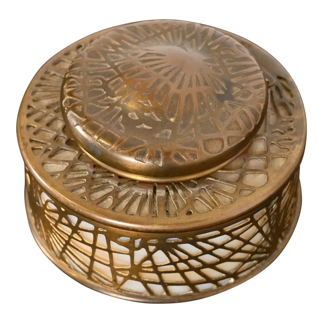 Tiffany Studios New York Pine Needle Bronze Doré and Slag Glass Inkwell: A gorgeous Arts & Crafts or Art Deco period gilt bronze and slag glass "Pine Needle" pattern inkwell By Tiffany Studios (signed to the underside) New York, USA, Early 20th Century Measures: 3.75"W x 3