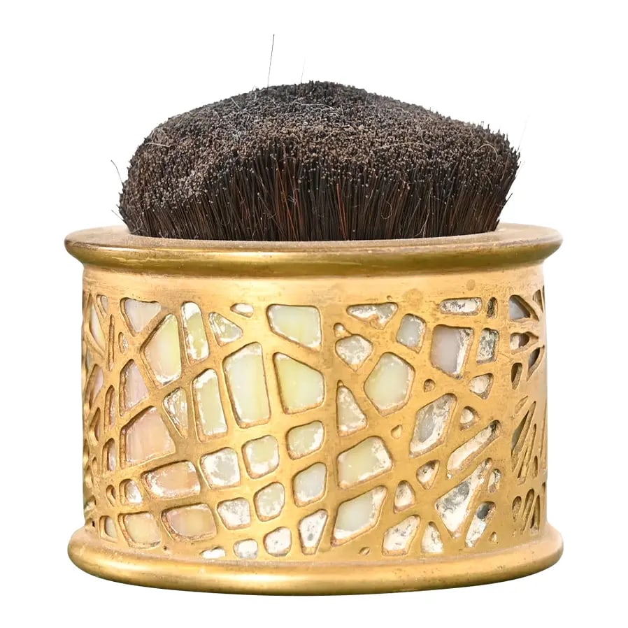 Tiffany Studios New York Pine Needle Pattern Bronze Doré and Slag Glass Pen Wipe: A gorgeous antique Arts & Crafts or Art Deco period gilt bronze and slag glass "Pine Needle" pattern pen brush or pen wipe By Tiffany Studios (signed to the underside) New York, USA, Early 20th Centur