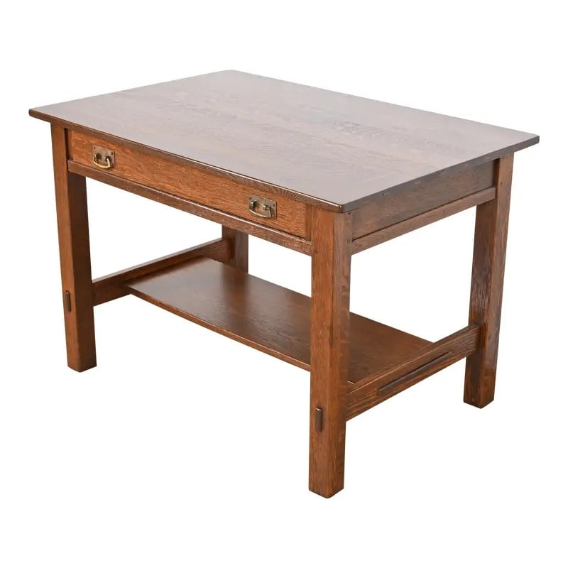 Stickley Antique Mission Oak Arts & Crafts Desk or Library Table, Newly Refinished: An exceptional antique Mission or Arts & Crafts writing desk or library table By L. & J.G. Stickley USA, Circa 1900 Gorgeous quarter sawn oak, with original hammered copper hardware. Measures: 42"W x