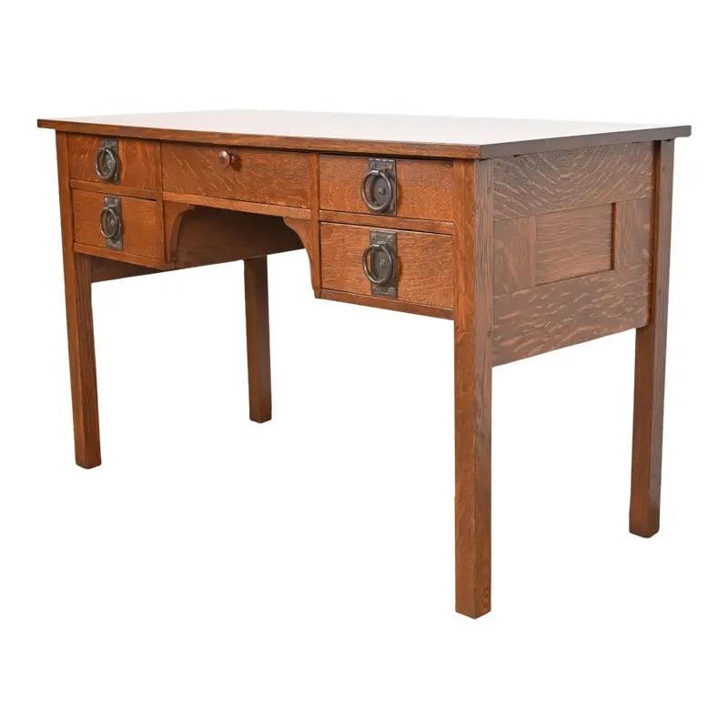 Signed Gustav Stickley Antique Mission Oak Arts & Crafts Desk, Newly Restored: A rare and exceptional antique Mission or Arts & Crafts writing desk By Gustav Stickley (original label present) USA, Early 20th Century Solid quarter sawn oak, with original hammered copper hardware.