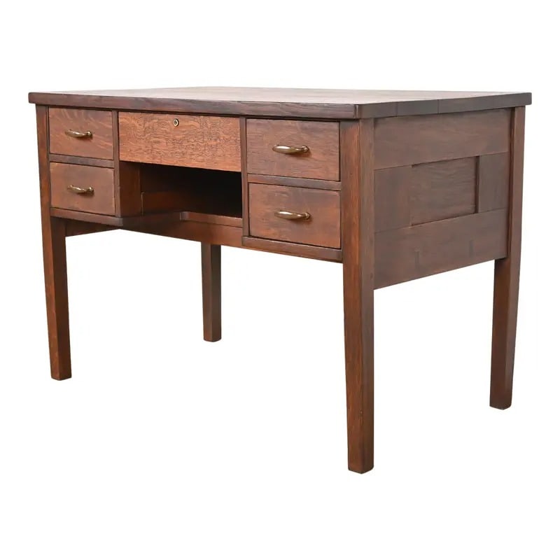 Signed Gustav Stickley Antique Mission Oak Arts & Crafts Desk, Circa 1900: A rare and exceptional antique Mission or Arts & Crafts writing desk By Gustav Stickley (original label present) USA, Early 20th Century Solid quarter sawn oak, with original copper hardware. Measures