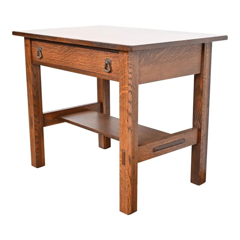 Lifetime Furniture Antique Mission Oak Arts & Crafts Desk or Library Table, Newly Refinished: An exceptional antique Mission or Arts & Crafts writing desk or library table By Lifetime Furniture USA, Circa 1900 Beautiful quarter sawn oak, with original hammered copper hardware. Measures: 36"W x