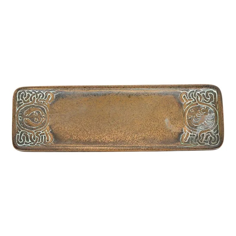 Tiffany Studios New York 'Zodiac' Bronze Pen Tray Desk Accessory, Circa 1910: A gorgeous antique bronze pen tray featuring Zodiac designs By Tiffany Studios New York, USA, Early 20th Century Measures: 10"W x 3"D x 0.38"H Good original vintage condition, with beautiful patina fr