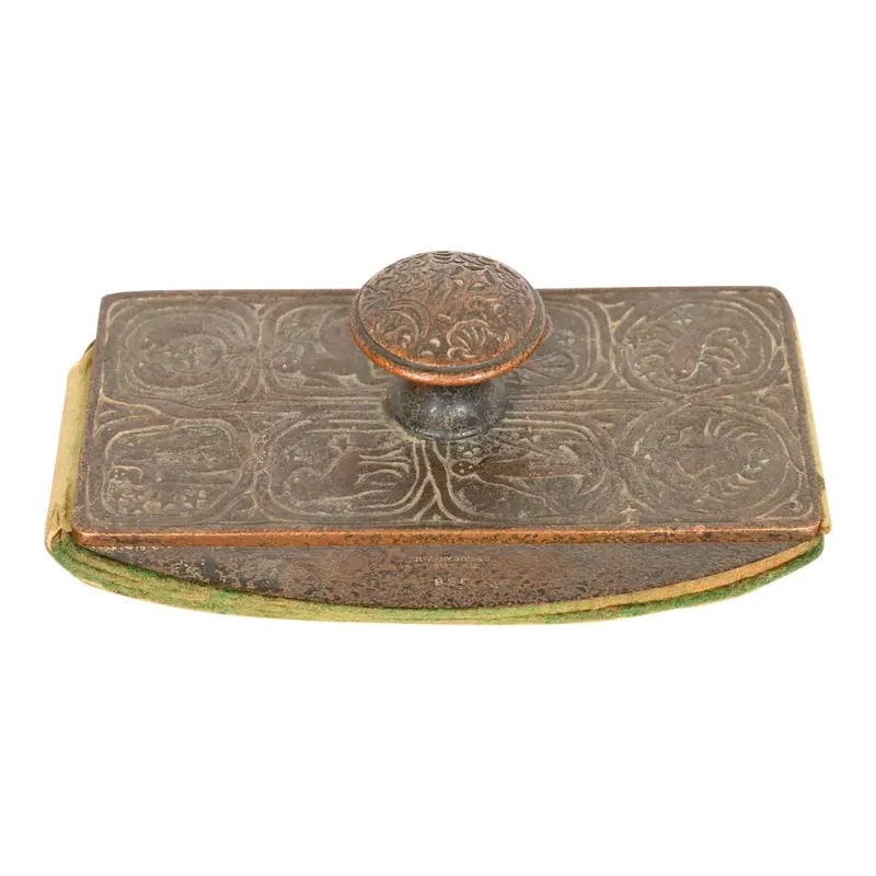 Tiffany Studios New York 'Zodiac' Bronze Rocker Blotter, Circa 1910: A gorgeous bronze rocker ink blotter featuring Zodiac designs By Tiffany Studios New York, USA, Early 20th Century Measures: 6"W x 2.75"D x 2.5"H. Good original vintage condition, with beautiful patin