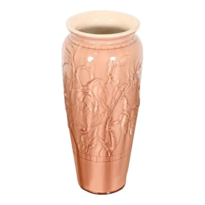 Rookwood Pottery Arts & Crafts Large Glazed Ceramic Lily Decorated Vase, 1944: A gorgeous Arts & Crafts large glazed art pottery vase with lily decoration By Rookwood Pottery USA, 1944 Glazed ceramic in a beautiful light maroon or peachy brown color. Measures: 5.25"W x 5.25"D x