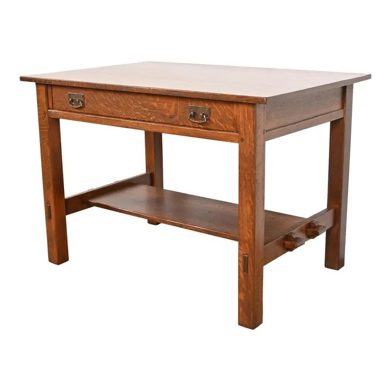 L. & J. G. Stickley Antique Mission Oak Arts & Crafts Writing Desk, Newly Refinished: An gorgeous antique Mission or Arts & Crafts writing desk or library table By L. & J.G. Stickley USA, Circa 1900 Solid quarter sawn oak, with original hammered copper hardware. Measures: 42"W x 28"D x