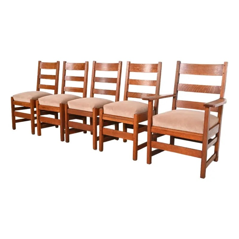 L. & J. G. Stickley Antique Mission Oak Arts & Crafts Ladder Back Dining Chairs, Set of Five (1 of 12)