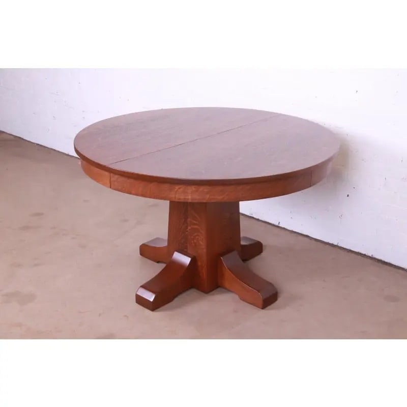 Antique Stickley Mission Oak Arts & Crafts Extension Pedestal Dining Table, Newly Restored - 13