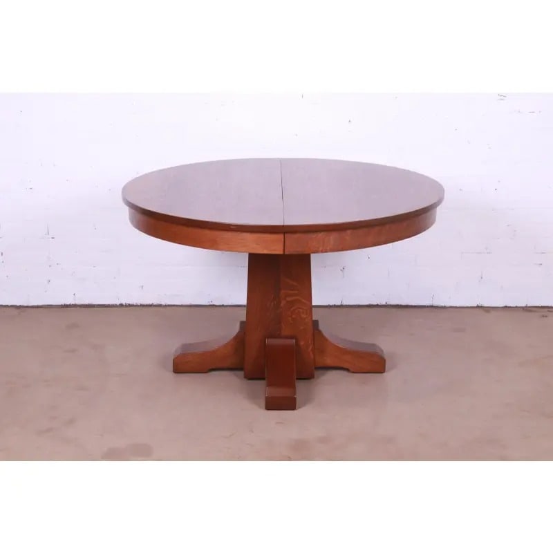 Antique Stickley Mission Oak Arts & Crafts Extension Pedestal Dining Table, Newly Restored - 2