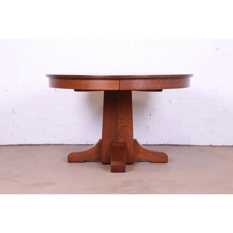 Antique Stickley Mission Oak Arts & Crafts Extension Pedestal Dining Table, Newly Restored - 3
