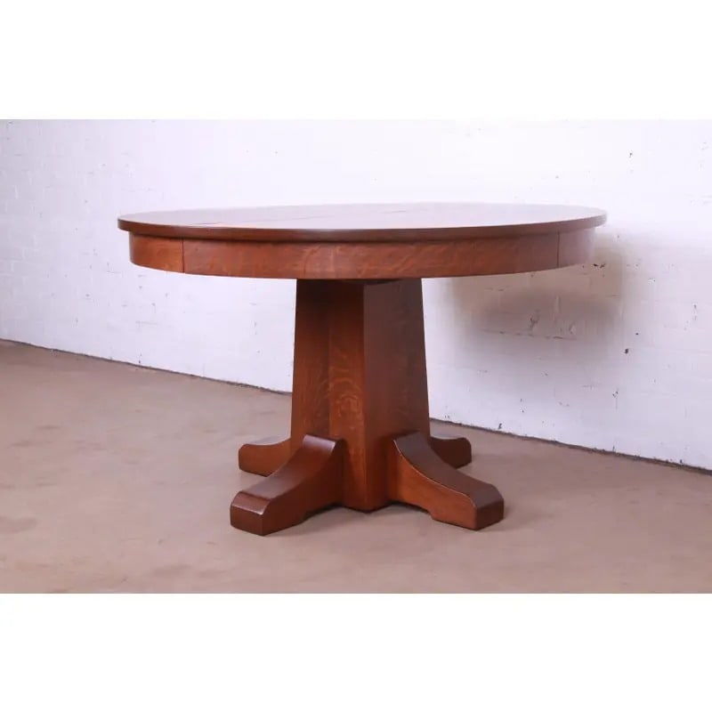 Antique Stickley Mission Oak Arts & Crafts Extension Pedestal Dining Table, Newly Restored - 4
