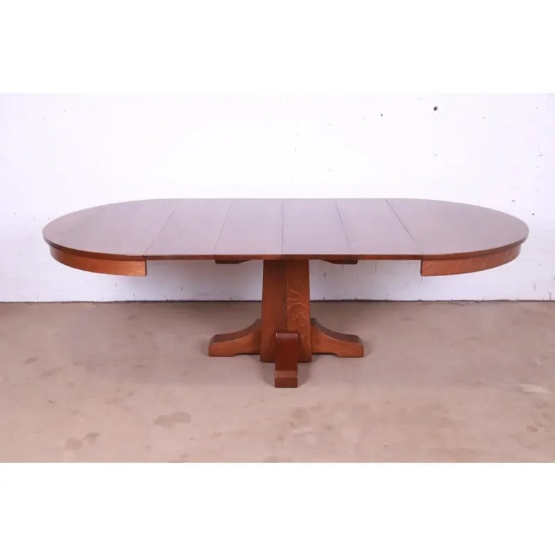 Antique Stickley Mission Oak Arts & Crafts Extension Pedestal Dining Table, Newly Restored - 7