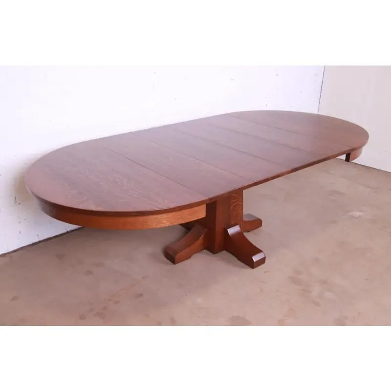 Antique Stickley Mission Oak Arts & Crafts Extension Pedestal Dining Table, Newly Restored - 8