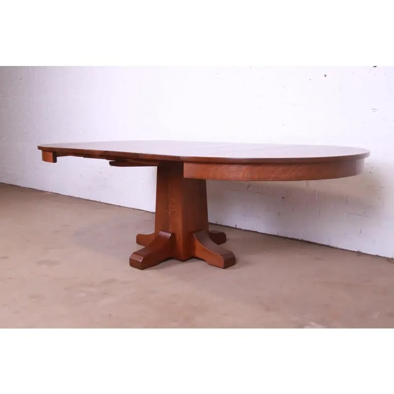 Antique Stickley Mission Oak Arts & Crafts Extension Pedestal Dining Table, Newly Restored - 9