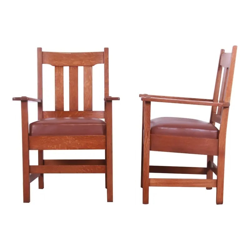 Stickley Brothers Mission Oak Arts & Crafts Arm Chairs, Pair (1 of 13)