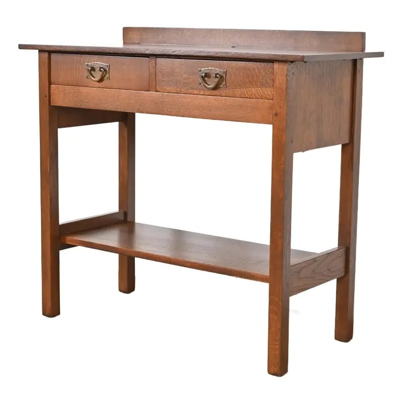 Gustav Stickley Antique Mission Oak Arts & Crafts Buffet Server, Newly Refinished: A rare and exceptional antique Mission or Arts & Crafts period sideboard buffet or server By Gustav Stickley (signed with red decal) USA, Circa 1900 Gorgeous quarter sawn oak, with original hammered c