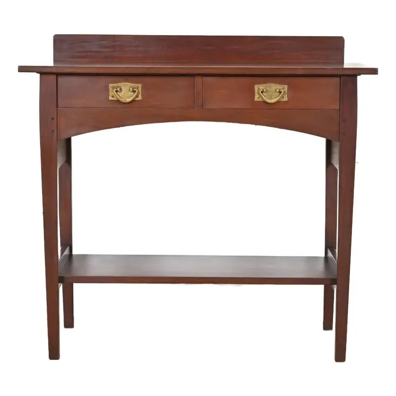 Harvey Ellis for Gustav Stickley Antique Mission Arts & Crafts Mahogany Buffet Server, Circa 1900: A rare and exceptional antique Mission or Arts & Crafts period sideboard buffet or server Designed by Harvey Ellis for Gustav Stickley (signed with red decal) USA, Circa 1900 Gorgeous mahogany, with o