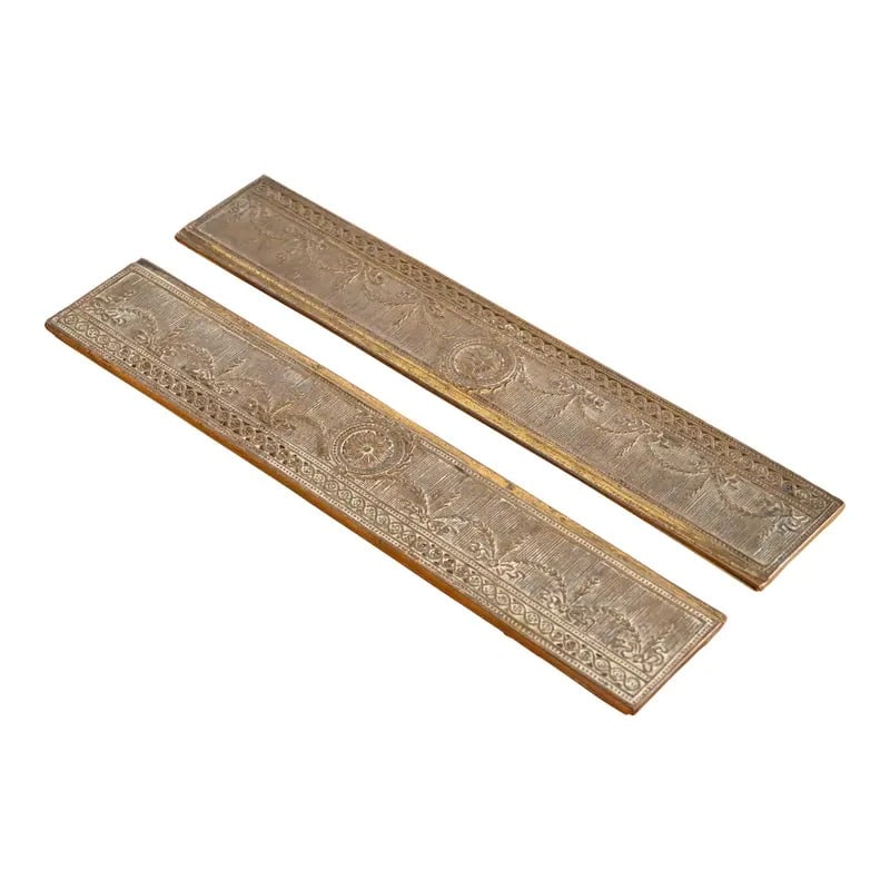 Tiffany Studios New York "Adam" Bronze Doré Blotter Ends: A gorgeous pair of Art Deco period bronze blotter ends featuring Adam style or Neoclassical style swags By Tiffany Studios New York, USA, Early 20th Century Each measures: 12.25"W x 2.25"D x 0.38"H. G