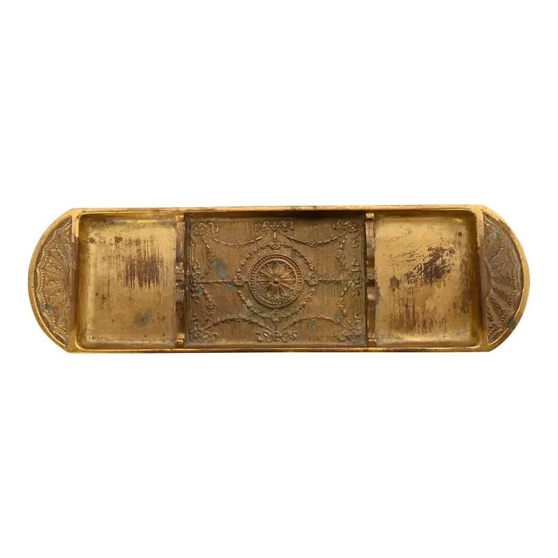 Tiffany Studios New York Adam Bronze Doré Pen Tray: A gorgeous antique Arts & Crafts or Art Deco period gilt bronze Neoclassical or Adam style pen tray, desk tray, or ashtray By Tiffany Studios (signed to the underside) New York, USA, Early 20th Centur