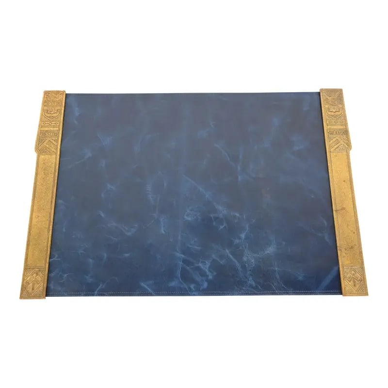 Tiffany Studios New York 'American Indian' Bronze Doré Blotter Ends With Leather Desk Blotter: A gorgeous pair of Art Deco or Arts & Crafts period gilt bronze "American Indian" pattern blotter ends, with a custom blue leather desk blotter. By Tiffany Studios (signed to the underside) New York,