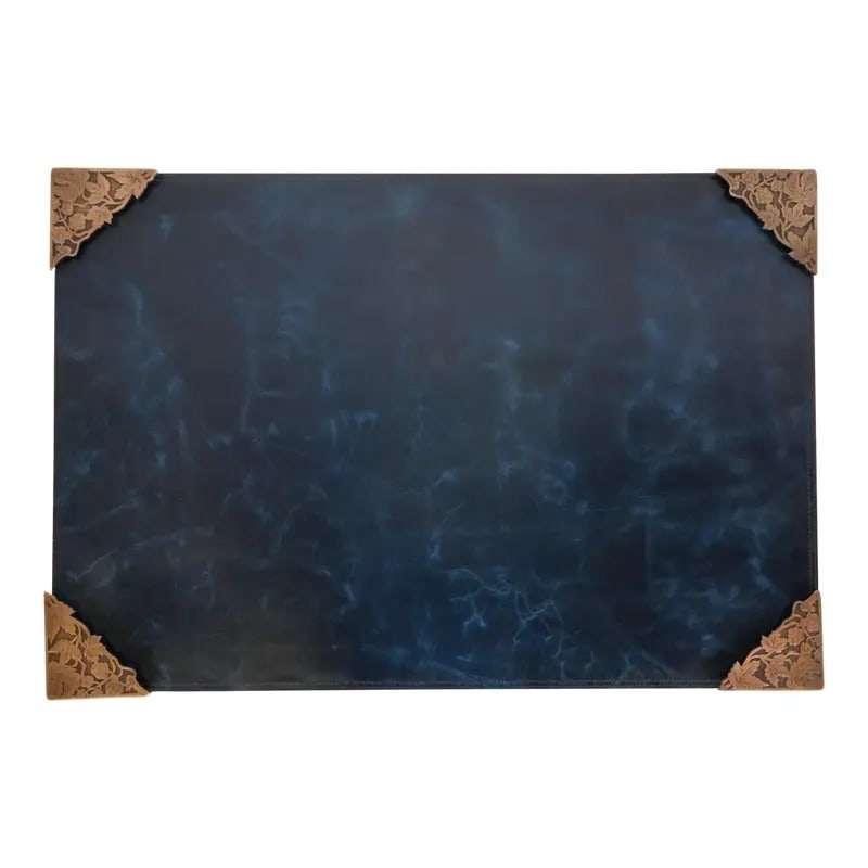 Marshall Field & Co. Antique Floral Ivy Bronze Blotter Corners With Leather Desk Blotter, Circa 1910: A gorgeous set of four Art Deco or Arts & Crafts period floral ivy bronze blotter corners, with a custom blue leather desk blotter. In the manner of Tiffany Studios By Marshall Field & Co. (blotter co