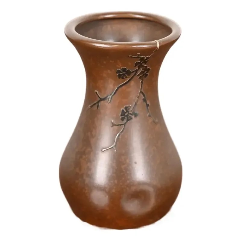 Heintz Arts & Crafts Sterling Silver on Bronze Petite Vase: A beautiful Arts & Crafts period sterling silver on bronze petite vase with floral motif By Heintz Art Metal Shop USA, Early 20th Century Measures: 3"W x 3"D x 4"H. Good original vintage condition, wi
