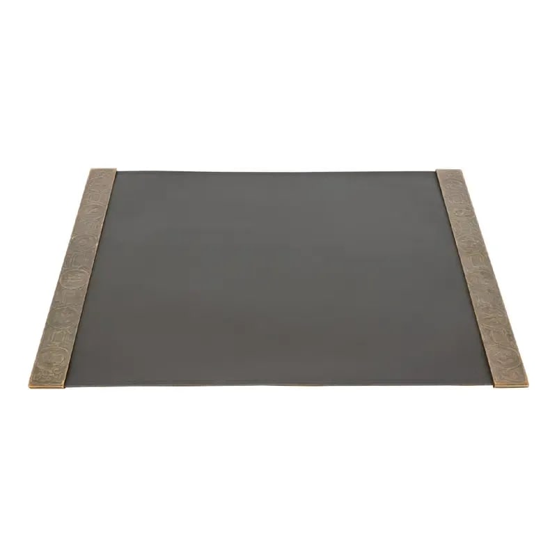 Tiffany Studios New York Zodiac Bronze Blotter Ends With Leather Desk Blotter: A gorgeous pair of Art Deco or Arts & Crafts period bronze blotter ends featuring symbols of the Zodiac with a custom black leather desk blotter By Tiffany Studios New York, USA, Early 20th Century Ea