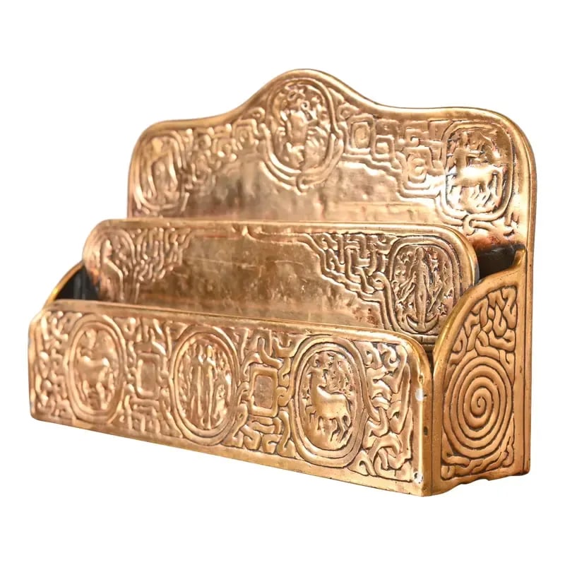 Tiffany Studios New York Zodiac Bronze Doré Letter Rack: A gorgeous antique gilt bronze desk letter holder rack featuring Zodiac designs By Tiffany Studios (signed to the underside) New York, USA, Early 20th Century Measures: 9.63"W x 2.5"D x 6.25"H Good or
