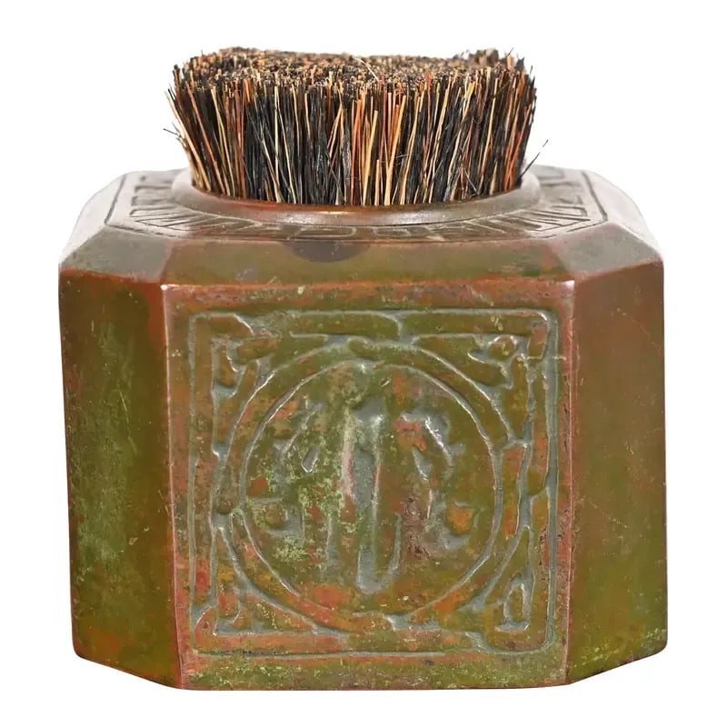 Tiffany Studios New York Art Deco Zodiac Pen Brush: A gorgeous antique bronze pen brush or pen wipe featuring Zodiac designs By Tiffany Studios (signed to the underside) New York, USA, Early 20th Century Measures: 3"W x 3"D x 3"H. Good original vintage