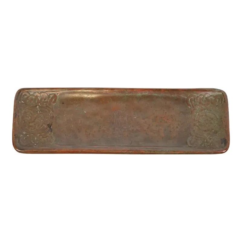 Tiffany Studios New York Zodiac Bronze Pen Tray: A gorgeous antique bronze pen tray featuring Zodiac designs By Tiffany Studios (signed to one side) New York, USA, Early 20th Century Measures: 9.88"W x 3.13"D x 0.38"H Good original vintage condition