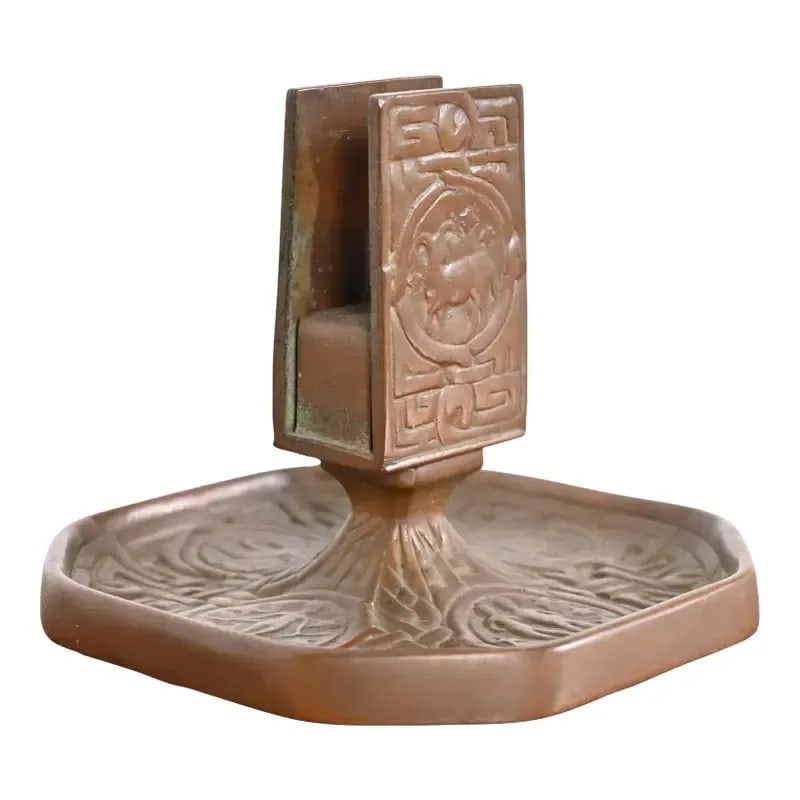 Tiffany Studios New York Zodiac Bronze Match Box Holder: A gorgeous antique bronze match box holder featuring symbols of the Zodiac By Tiffany Studios (signed to the underside) New York, USA, Early 20th Century Measures: 4.5"W x 4.5"D x 3.75"H. Good origina
