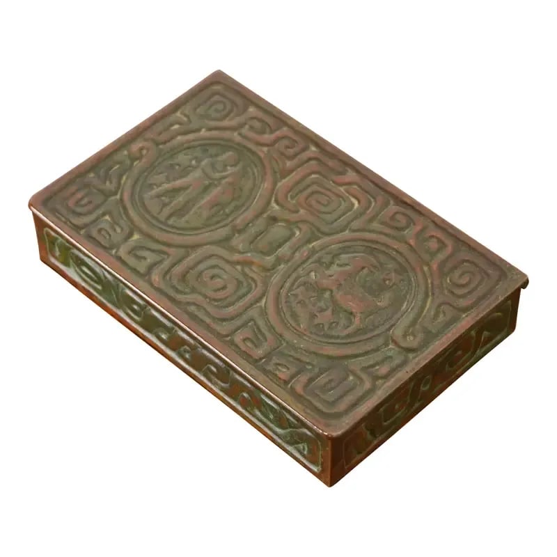Tiffany Studios New York Zodiac Patinated Bronze Box, Circa 1910: A stunning antique Arts & Crafts period bronze desk box, jewelry box, or decorative box featuring Zodiac designs By Tiffany Studios (signed to the underside) New York, USA, Early 20th Century Measures