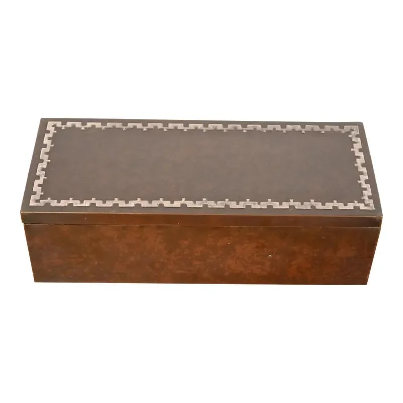 Heintz Arts & Crafts Sterling Silver on Bronze Humidor or Cigar Box: A gorgeous Arts & Crafts period humidor or cigar box By Heintz Art Metal Shop USA, Early 20th Century Sterling silver on patinated bronze, with cedar lined interior. Measures: 8.5"W x 3.5"D x 2.5"H. G