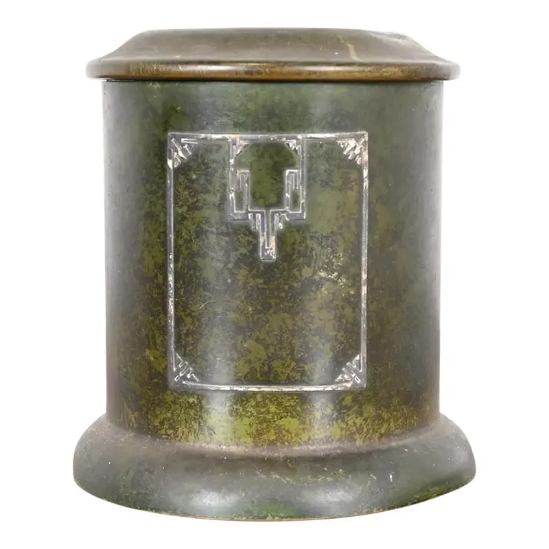 Heintz Arts & Crafts Sterling Silver on Bronze Lidded Tea Caddy or Cigar Box: A beautiful Arts & Crafts period sterling silver on bronze lidded canister, tea caddy, or cigar box with verdigris green patina. By Heintz Art Metal Shop (signed to the underside) USA, Early 20th Cent