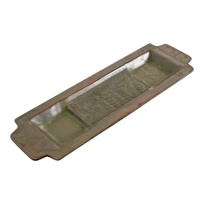 Tiffany Studios Chinese Pattern Bronze Pen Tray: A gorgeous antique Arts & Crafts period "Chinese" pattern bronze pen tray By Tiffany Studios (signed to the underside) New York, USA, Early 20th Century Measures: 12.13"W x 3.75"D x 0.75"H Good origin