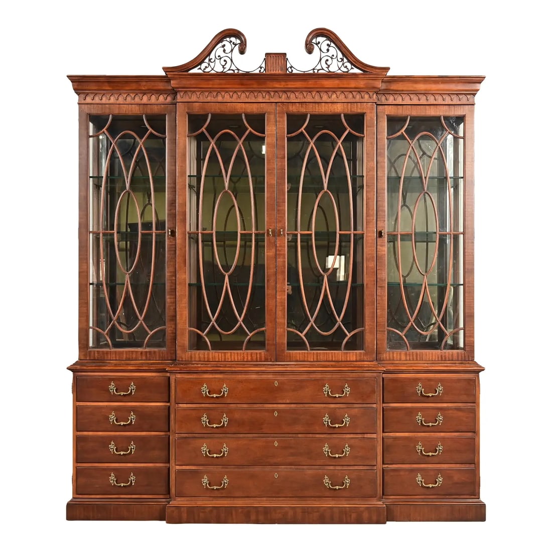 Henredon Georgian Carved Mahogany Lighted Breakfront Bookcase Cabinet (1 of 17)