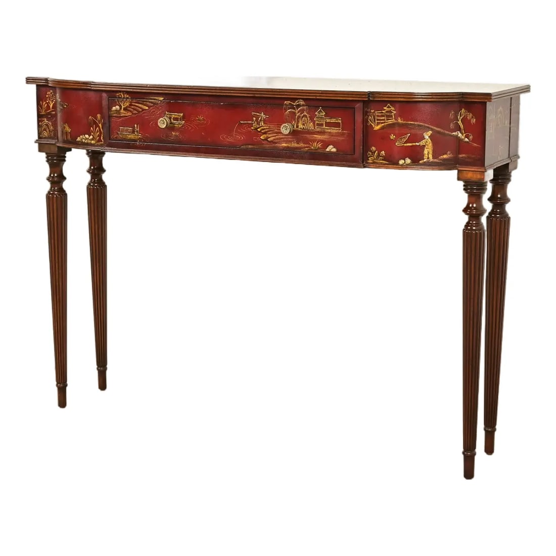 Maitland Smith English Regency Chinoiserie Hand-Painted Red Lacquered Console Table: A gorgeous English Regency or Louis XVI Chinoiserie console table By Maitland Smith USA, Circa Late 20th Century Red lacquered finish, with hand-painted Chinese scenes, banded flame mahogany top, carv