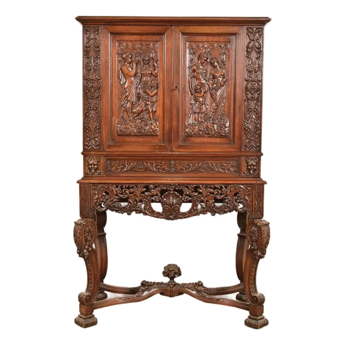 Antique French Renaissance Revival Carved Walnut Bookcase or Bar Cabinet, Circa 1890s (1 of 15)