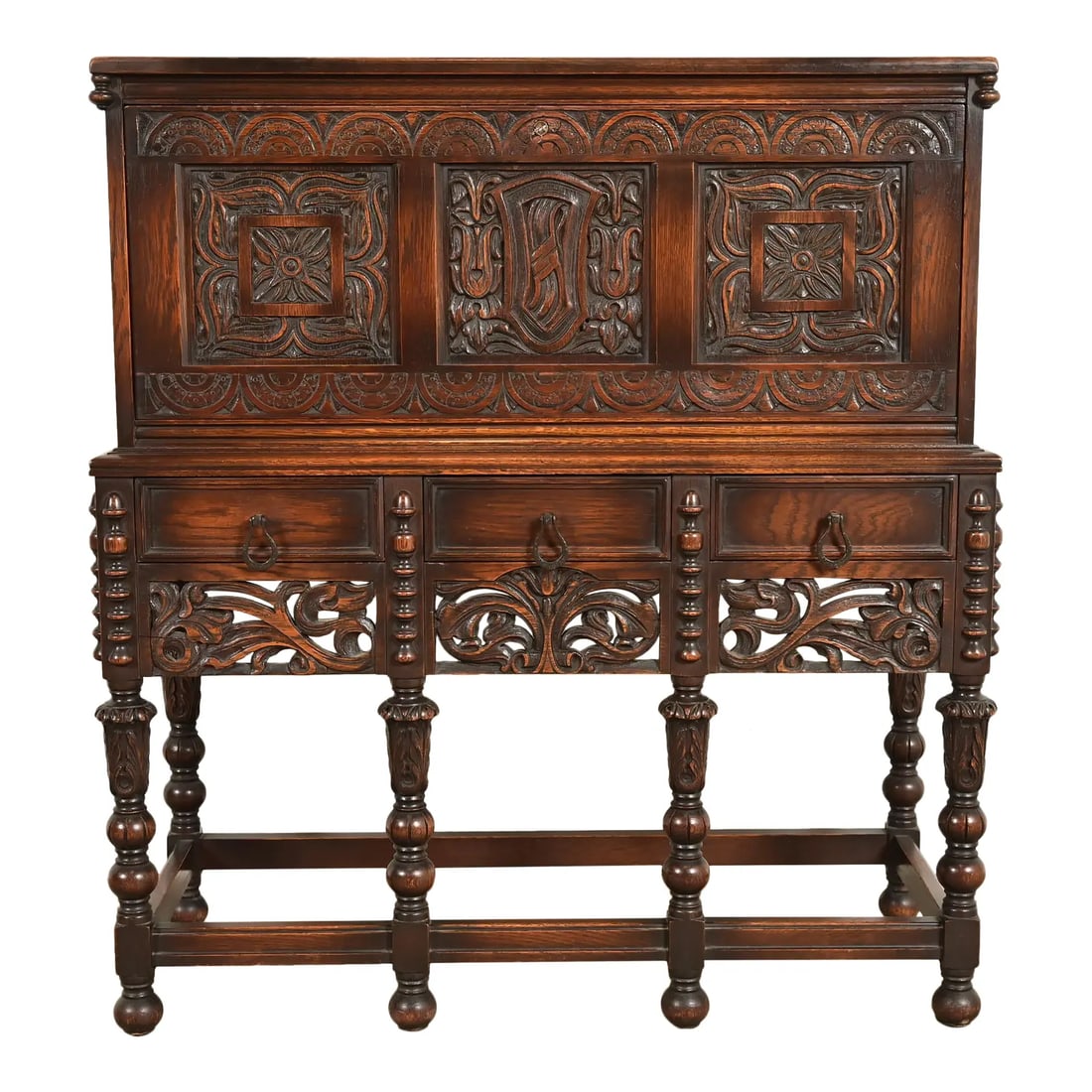 Lifetime Furniture Antique English Jacobean Carved Oak Drop Front Secretary Desk, Circa 1920s (1 of 16)