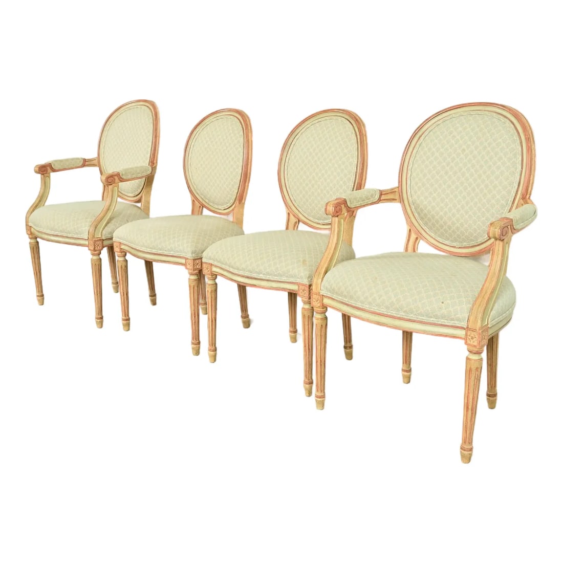 Baker Furniture French Regency Louis XVI Cream and Pink Lacquered Dining Chairs, Set of Four: A gorgeous set of four French Regency Louis XVI style dining chairs By Baker Furniture USA, Circa 1960s Carved cream and pink lacquered walnut frames, with upholstered seats and backs. Measures: Side 