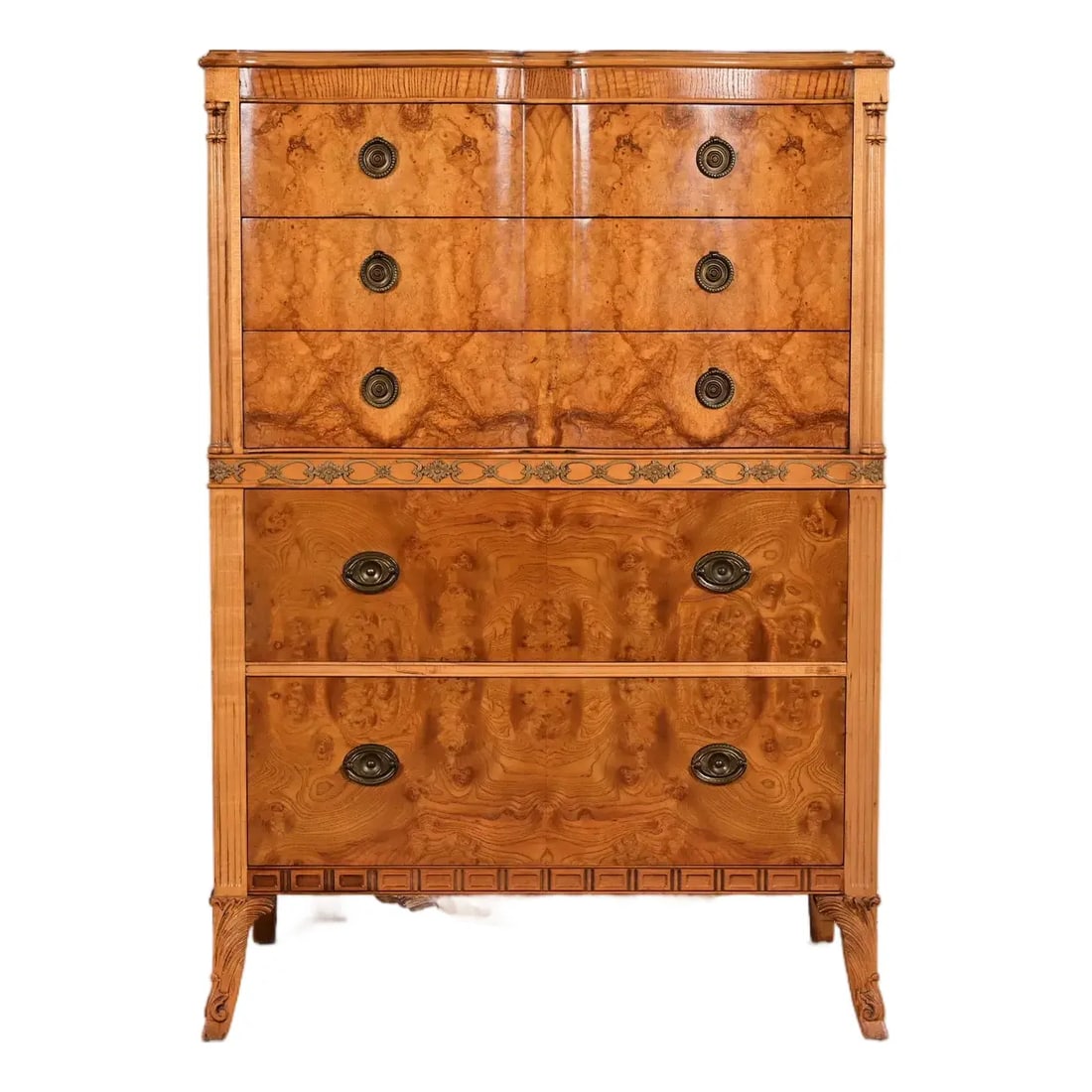 Romweber French Regency Louis XVI Burl Wood Highboy Dresser, Circa 1920s: An exceptional French Regency Louis XVI style highboy dresser By Romweber USA, Circa 1920s Stunning book-matched exotic burled Olive Ash wood, with original brass hardware. Measures: 37.75"W x 20.25"D