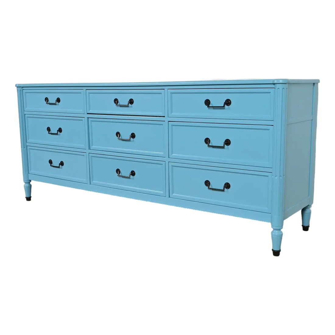 Baker Furniture French Regency Louis XVI Cerulean Blue Lacquered Dresser or Credenza, Circa 1960s: A gorgeous French Regency Louis XVI style dresser or credenza By Baker Furniture USA, Circa 1960s Carved walnut, in cerulean blue lacquer. Measures: 75.75"W x 19.75"D x 32"H. Recently lacquered finish