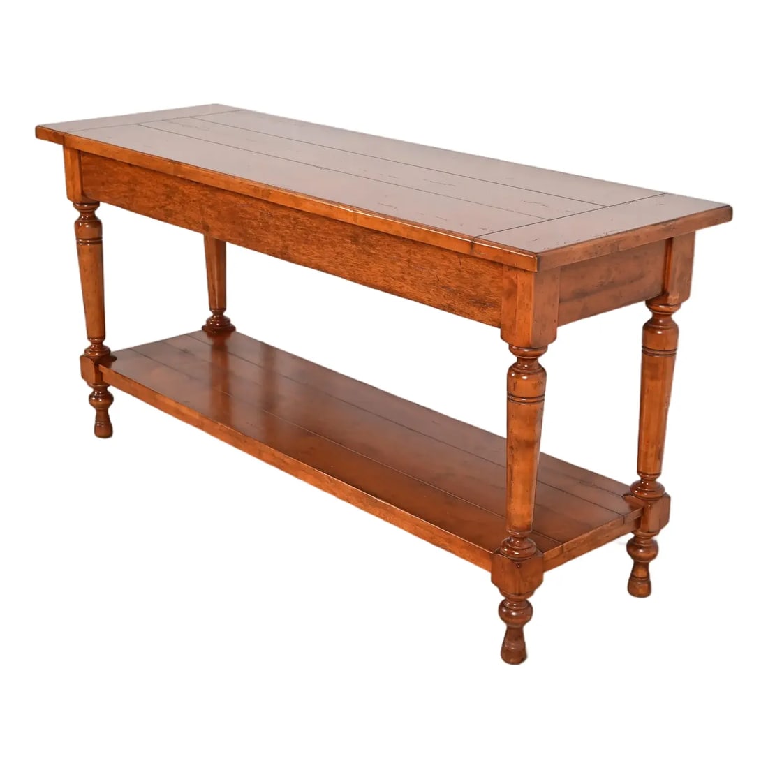 Baker Furniture Italian Provincial Carved Maple Sideboard Buffet or Console Table: A gorgeous Italian Provincial or Rustic European style solid maple single drawer sideboard, buffet server, or console table By Baker Furniture, "Milling Road" Collection Italy, Circa 1990s Measures: 7