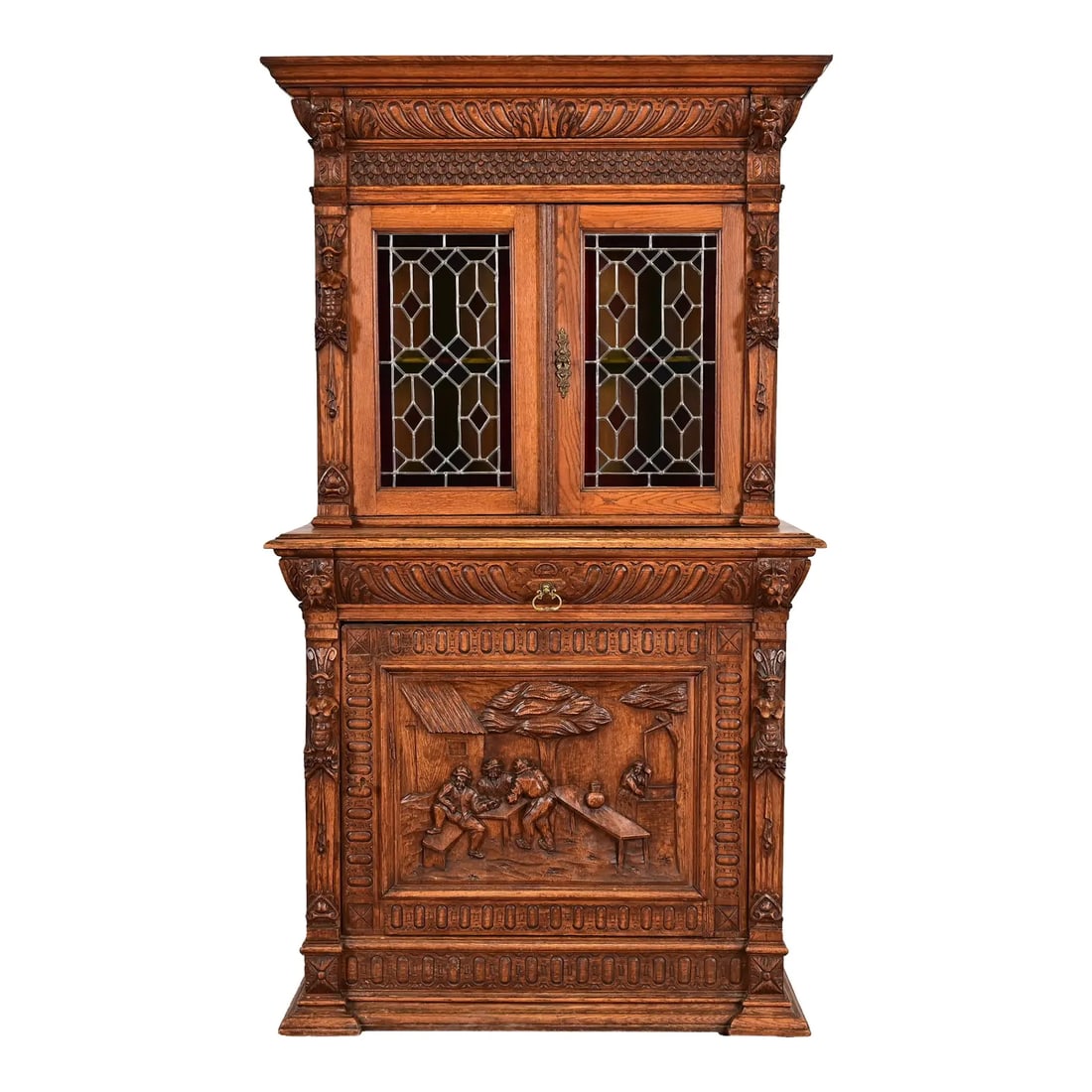 Antique French Renaissance Revival Carved Oak Breakfront Bookcase or Bar Cabinet (1 of 14)