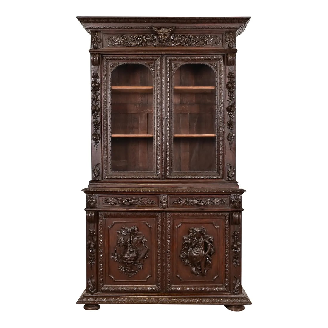 Antique French Renaissance Revival Carved Oak Breakfront Bookcase or Bar Cabinet, Circa 1880s (1 of 11)
