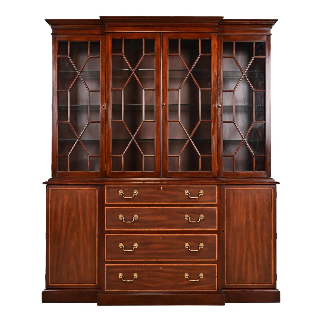 Henkel Harris Georgian Carved Mahogany Lighted Breakfront Bookcase Cabinet (1 of 15)