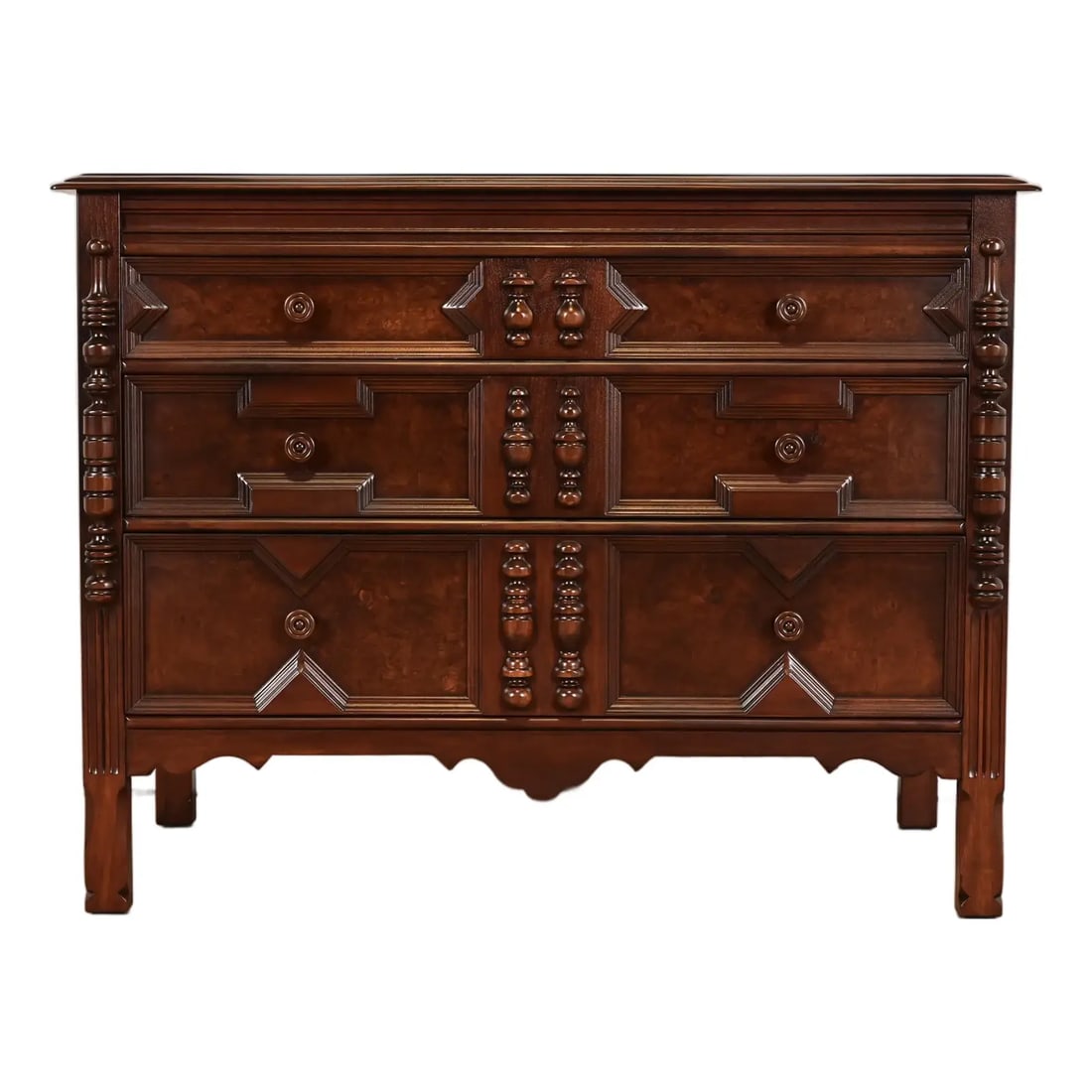 Johnson Furniture English Tudor Carved Burled Walnut Dresser or Chest of Drawers, Newly Refinished (1 of 15)