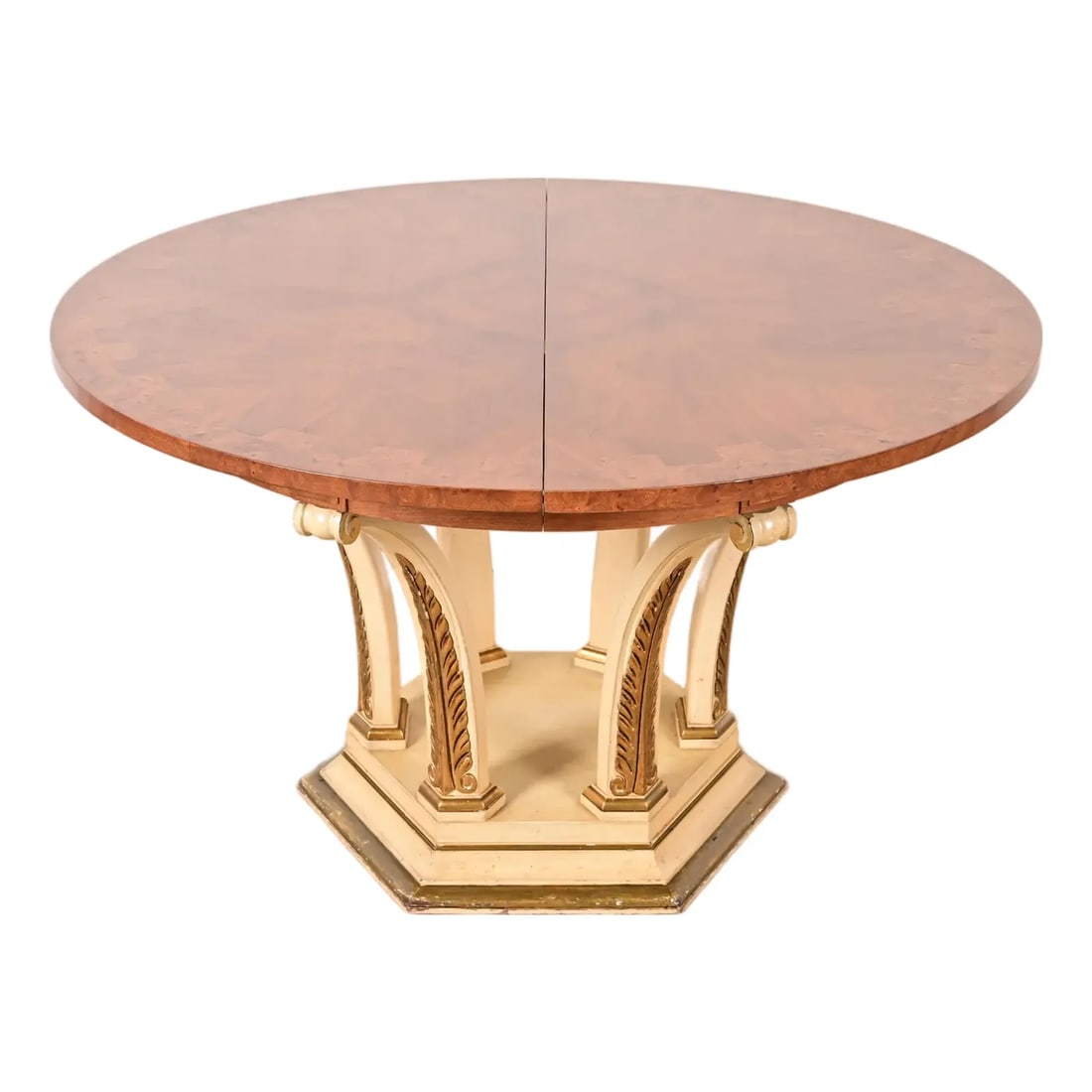 Mastercraft Italian Neoclassical Walnut and Burl Wood Parcel Gilt Pedestal Extension Dining Table (1 of 15)