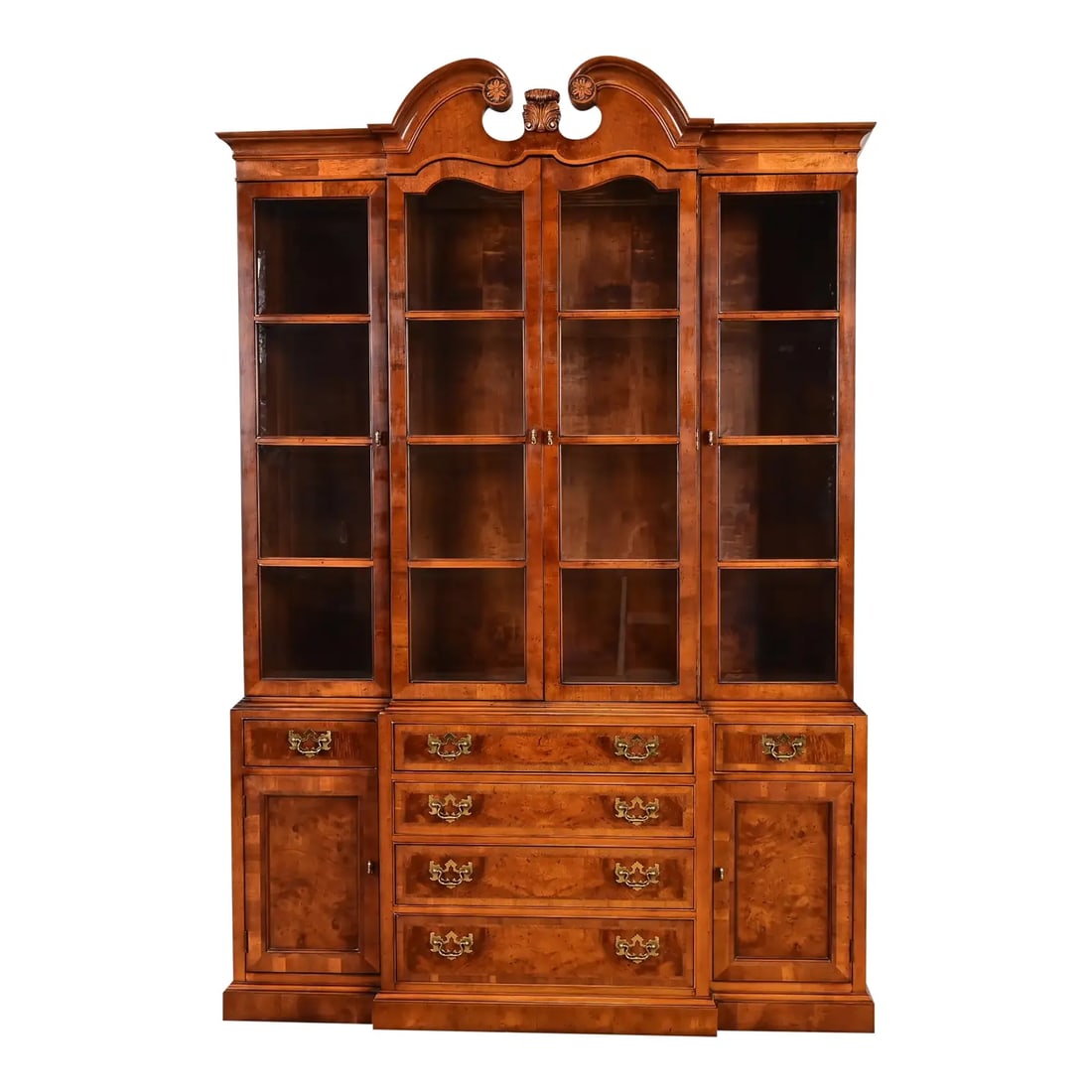 Henredon Georgian Carved Mahogany and Burl Wood Lighted Breakfront Bookcase Cabinet (1 of 11)