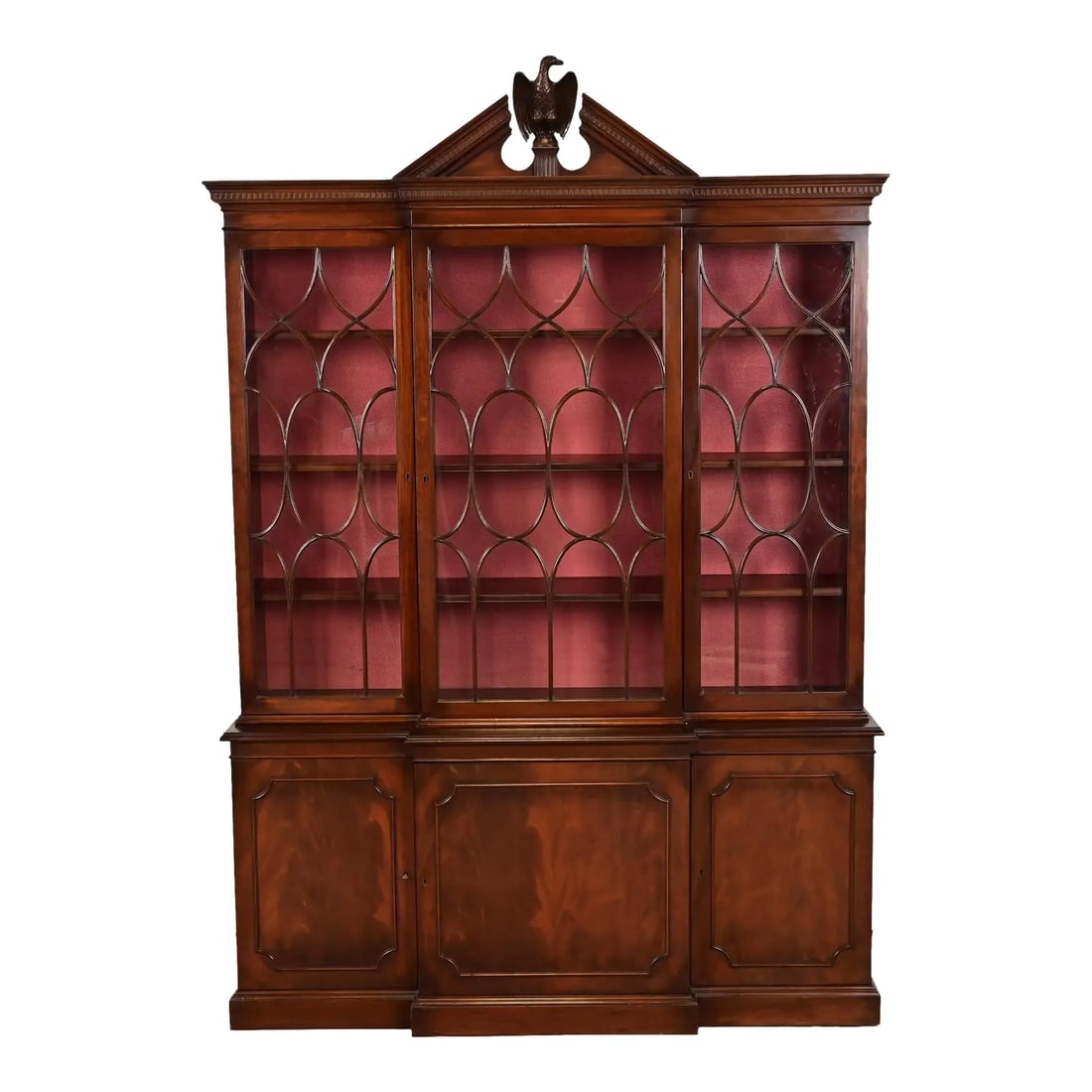 Charak Furniture Georgian Flame Mahogany Breakfront Bookcase Cabinet With Carved Eagle Finial, 1940s (1 of 13)